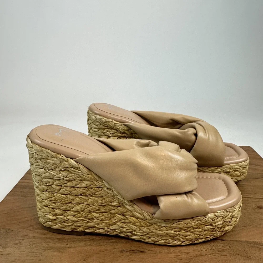 Womens Marc Fisher LTD Navina Slip On‎ Nude Leather Espadrille Wedges Size 10 M